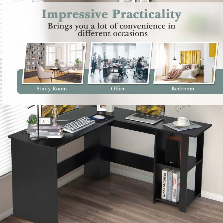 L-shaped computer desk with storage shelves, crafted from durable engineered wood, ideal for home office or study use.